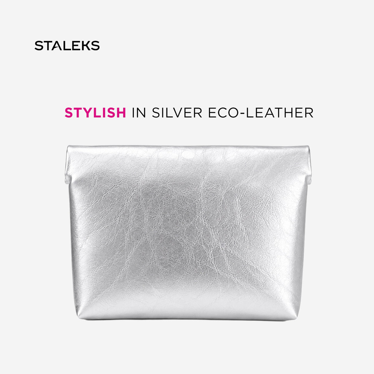 STALEKS cosmetic bag made of eco-leather, silver, size L