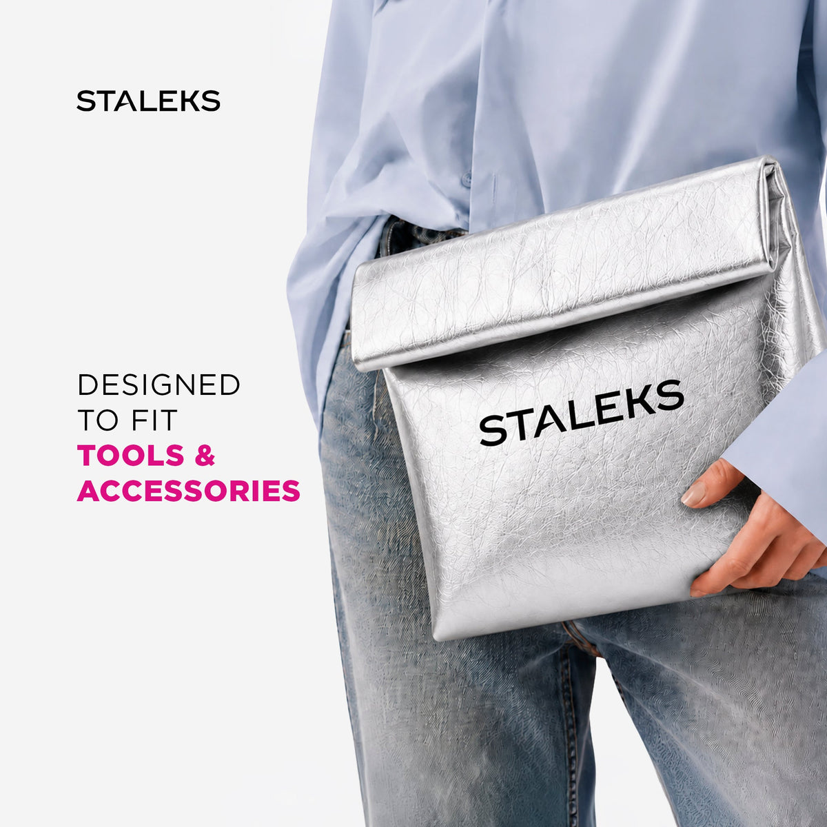 STALEKS cosmetic bag made of eco-leather, silver, size L